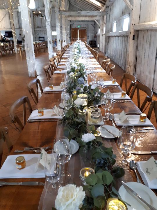 Barn long table greenery runner, candles