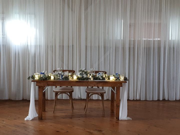 Rustic sweetheart table white drape