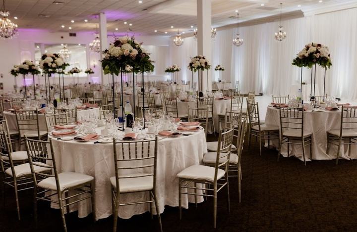 Ballroom tall centerpieces, gold chiavari