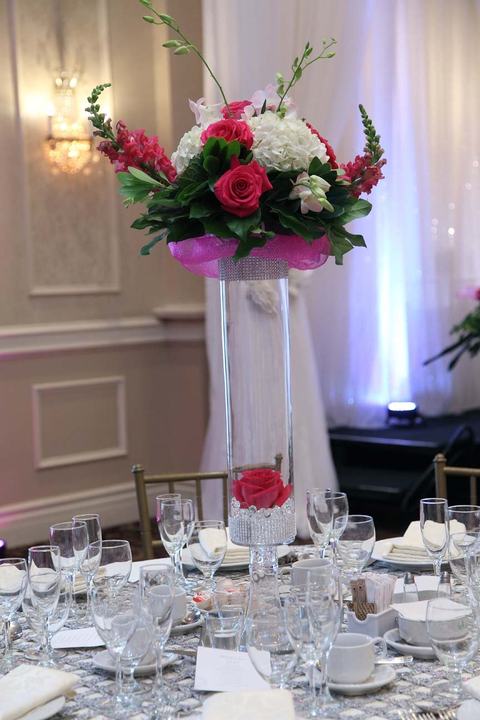 Tall pink and white centerpiece