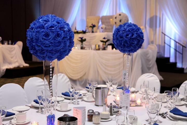 Blue rose balls, head table behind