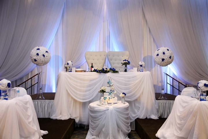 Head table draped backdrop blue rose balls