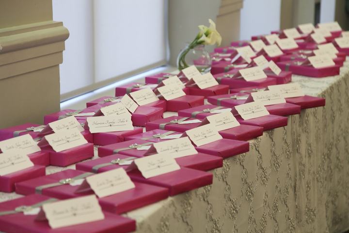 Pink favour boxes place cards