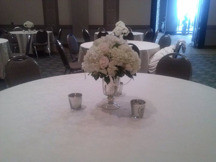 Round table white hydrangea centerpiece