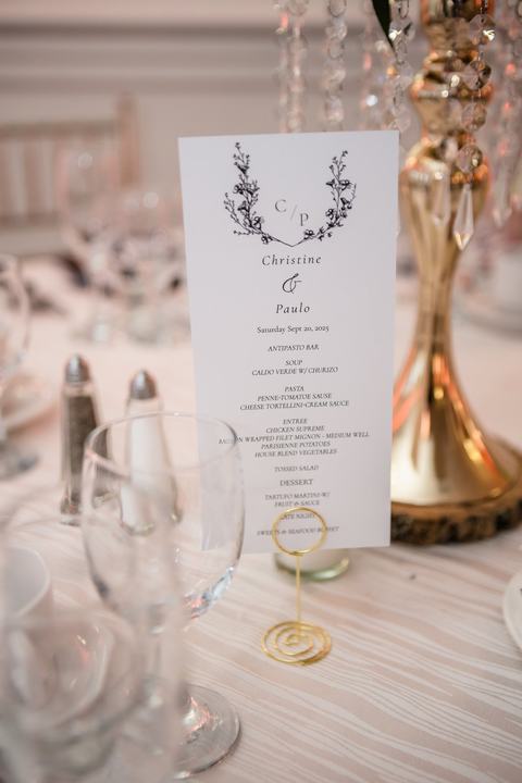 Menu card 'Christine & Paolo', gold stand