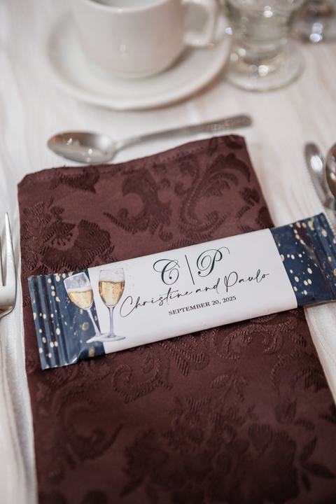 Custom chocolate bar favour 'C & P' on napkin