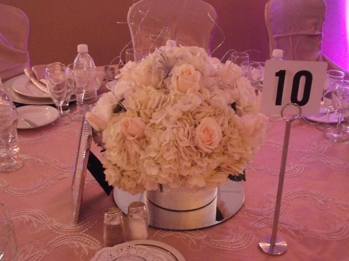 Hydrangea and rose centerpiece table 10 pink uplighting