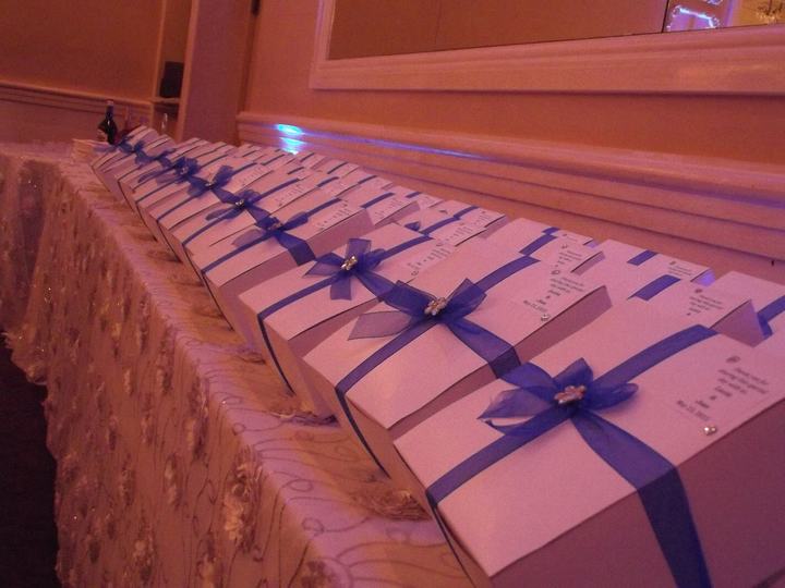 Blue ribbon favour boxes on head table
