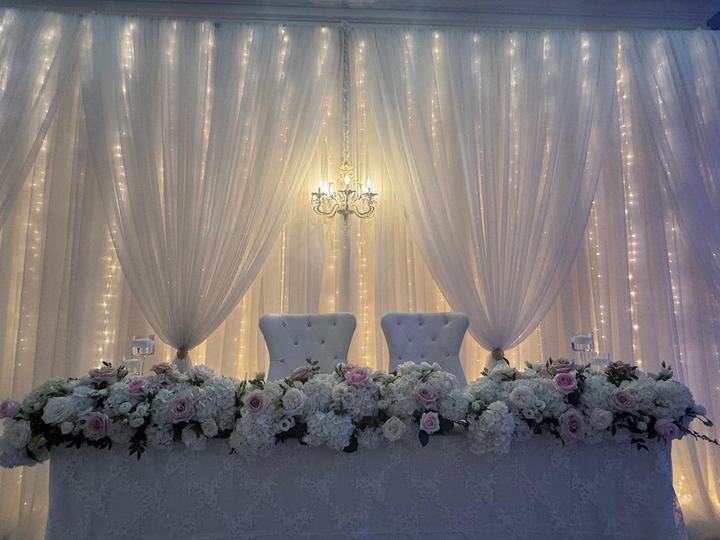 Head table fairy-light drapery backdrop, florals, white thrones