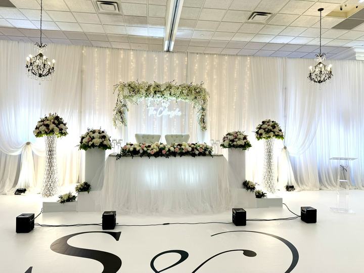Head table florals neon sign, floor wrap monogram