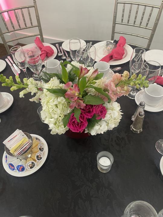 Pink and white alstroemeria centerpiece black linen