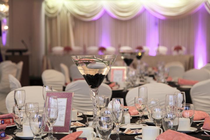 Martini centerpiece pink napkins, swag drapery