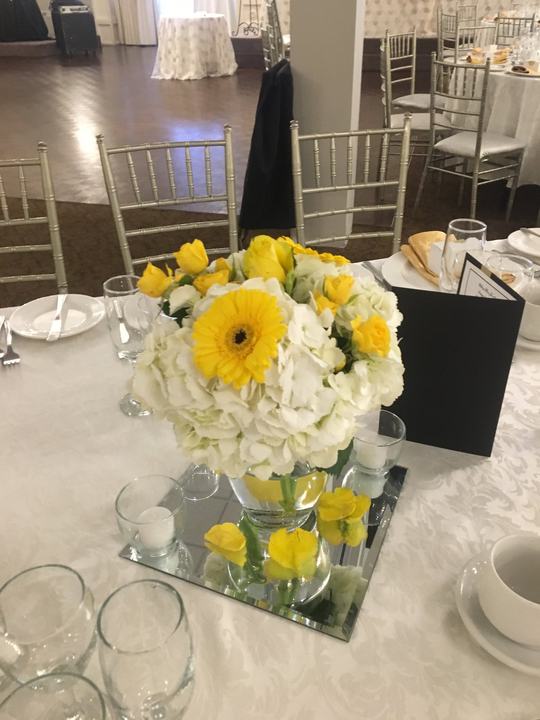 Yellow gerbera and hydrangea centerpiece mirror