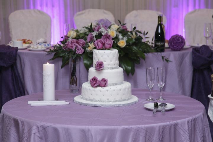 Lavender cake table, 3-tier cake, purple florals, unity candle