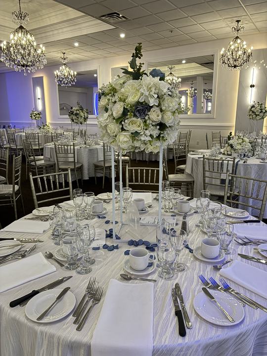 Tall white and blue centerpiece ballroom chandeliers