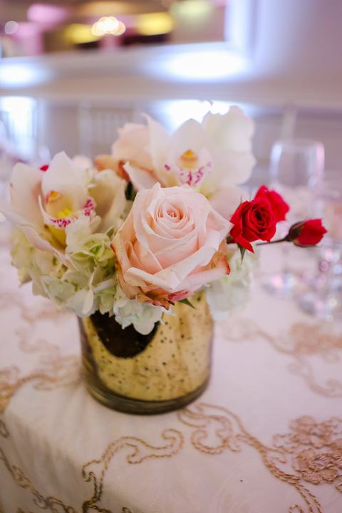 Rose orchid low centerpiece gold mercury
