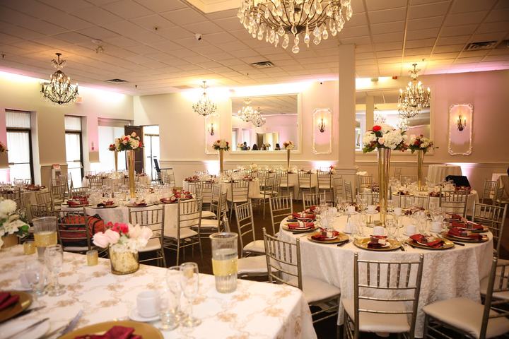 Ballroom wide gold centerpieces