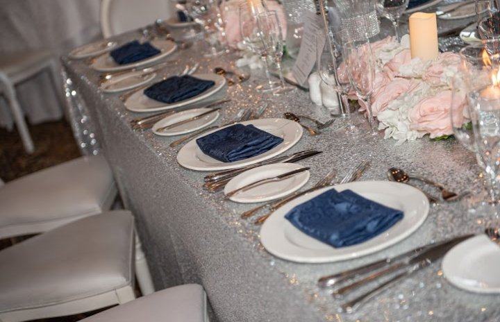 Silver sequin long table navy napkins