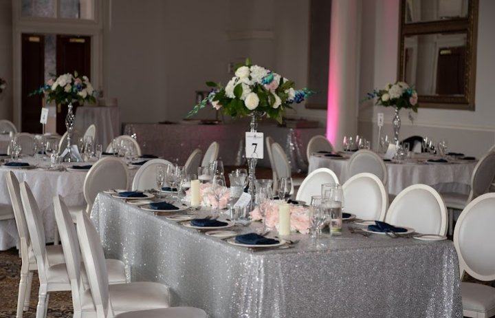 Silver sequin linens across the room