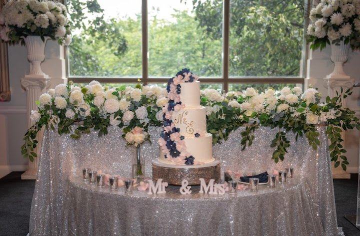 Sweetheart cake table close Mr & Mrs